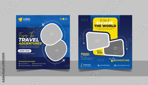Travel tour promotion banner traveling business marketing social media post square flyer template	