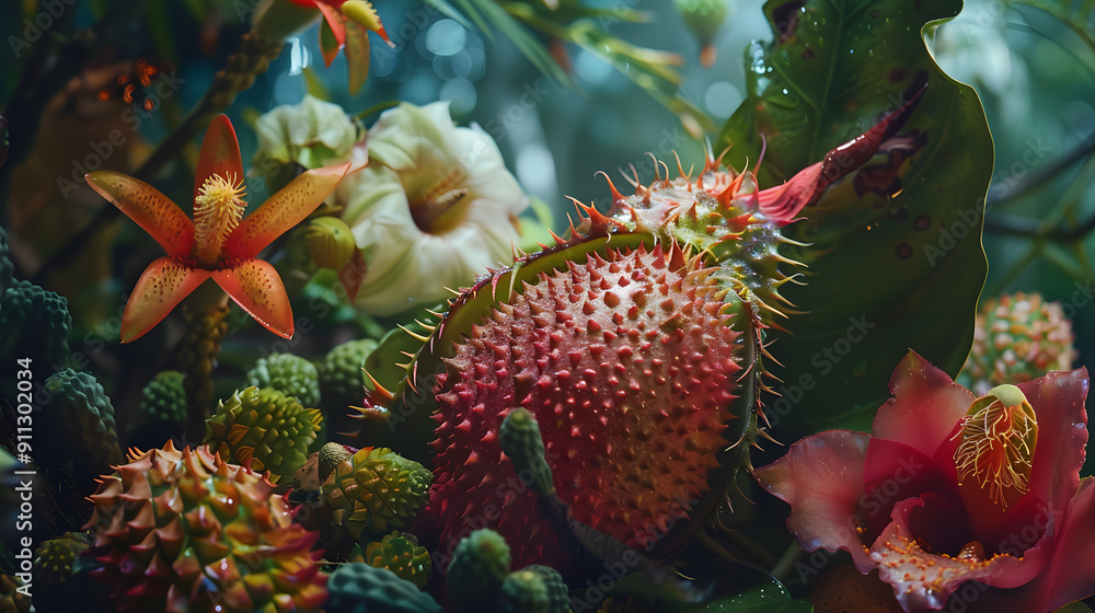 a background photo with lots of tropical Summer flora and fruits, tropical jungle flowers a background photo with lots of tropical Summer flora and fruits, tropical jungle flowers