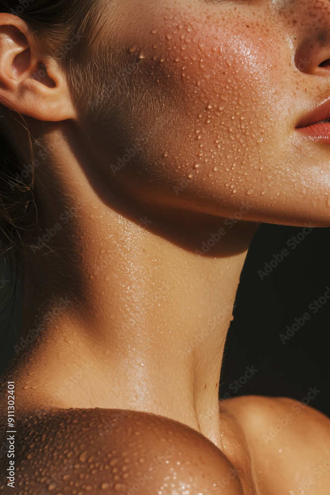 Close up detail beauty female woman neck part portrait hydrating care face with moisturizing skin serum cosmetic product.