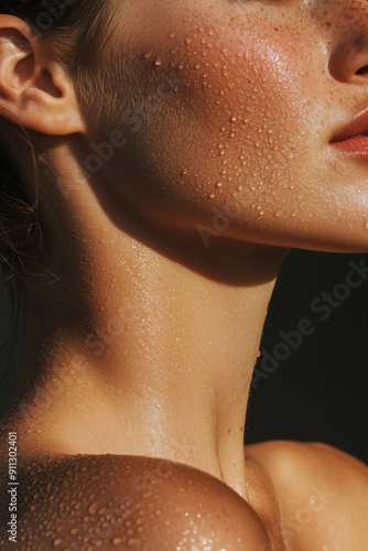 Obraz na płótnie Close up detail beauty female woman neck part portrait hydrating care face with moisturizing skin serum cosmetic product. w salonie