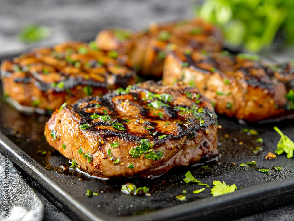 A plate of grilled meat with parsley on top. The meat is cooked and looks delicious. The parsley adds a fresh and healthy touch to the dish A plate of grilled meat with parsley on top. The meat is cooked and looks delicious. The parsley adds a fresh and healthy touch to the dish