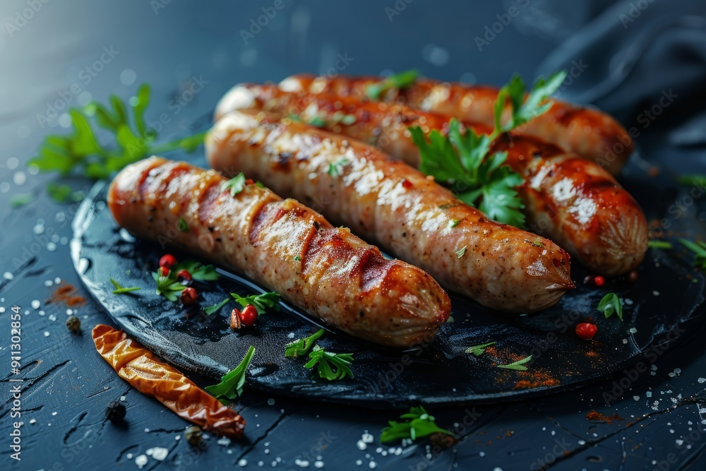 Grilled Sausages With Fresh Herbs and Spices on a Dark Rustic Surface Grilled Sausages With Fresh Herbs and Spices on a Dark Rustic Surface
