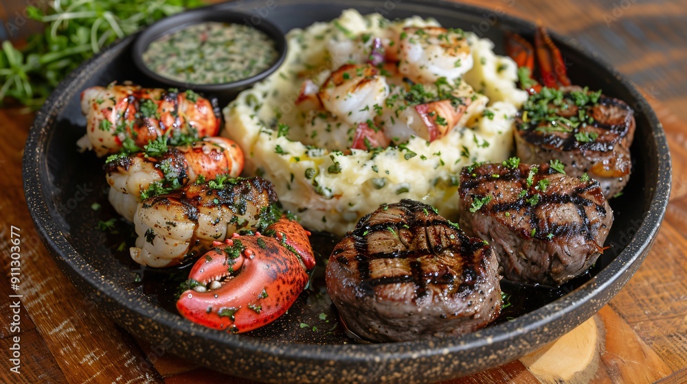 Gourmet Seafood and Steak Dinner Plate Gourmet Seafood and Steak Dinner Plate