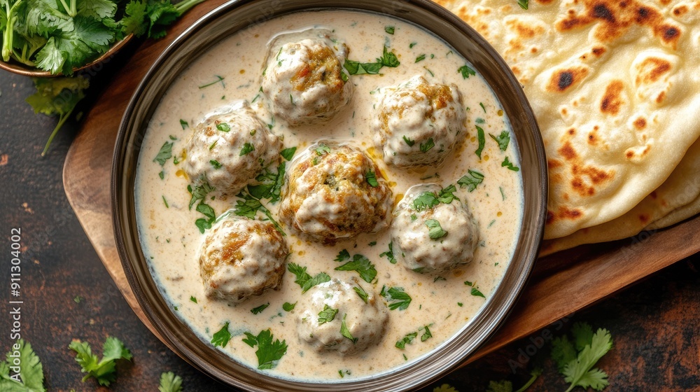 Top view of a serving of malai kofta in creamy gravy, paired with butter naan and garnished with fresh herbs Top view of a serving of malai kofta in creamy gravy, paired with butter naan and garnished with fresh herbs