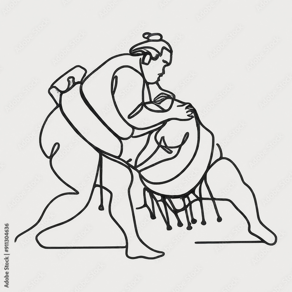 Fototapeta premium Japanese wrestler, sumo one line art. Continuous line drawing japan, fight, obesity, big man, person, pre-fight greeting, athlete, training, form, sport.