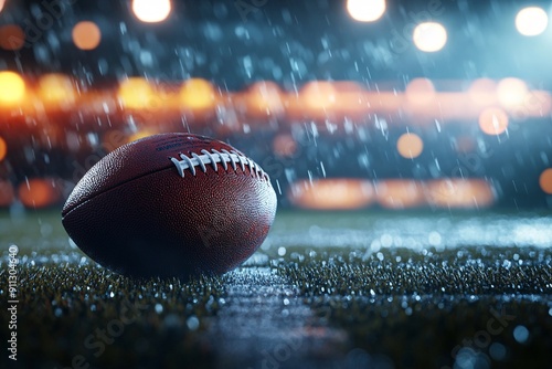Classic American Football on Green Field with Stadium Lights in Background