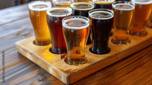 Variety of Craft Beer Samples in Tasting Flight on Wooden Tray 