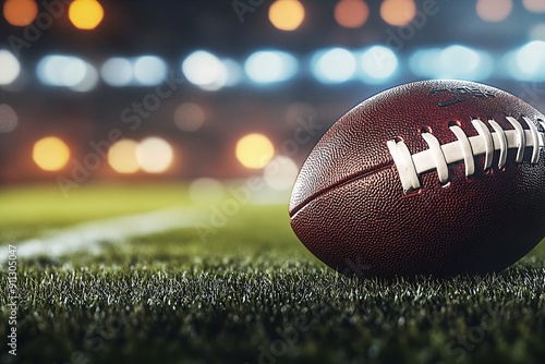 Classic American Football on Green Field with Stadium Lights in Background photo