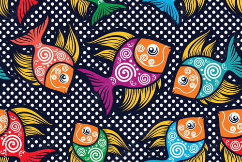 Wallpaper Mural Seamless pattern with Fish tribal vector Illustration, sea batik motif Torontodigital.ca
