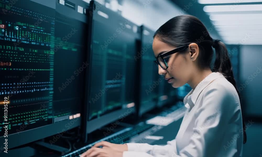Woman Working on Computer in Data Center