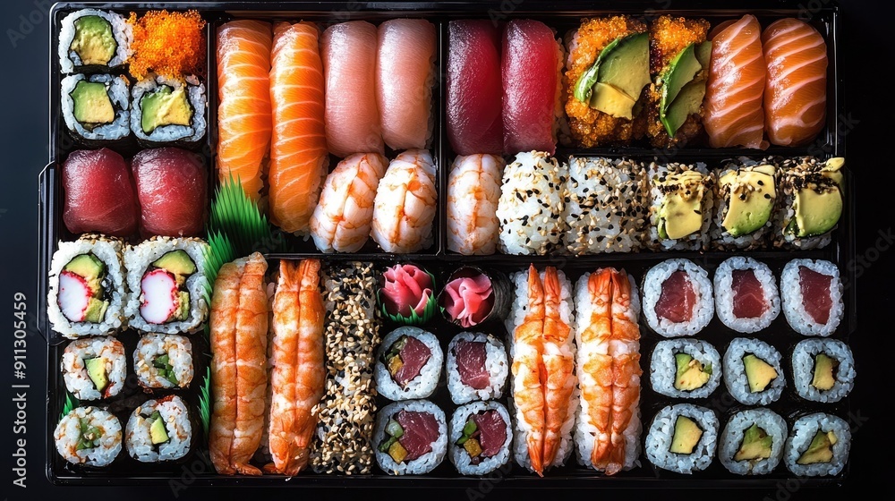 Top view of a sushi bento box filled with various types of rolls, nigiri, and sashimi, perfect for a gourmet lunch. Top view of a sushi bento box filled with various types of rolls, nigiri, and sashimi, perfect for a gourmet lunch.