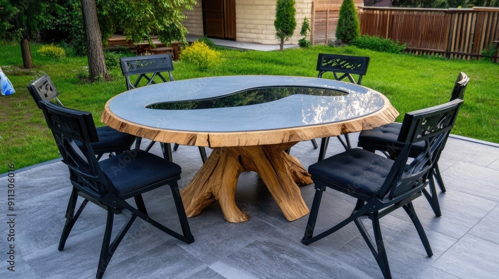 A unique round coffee table showcases a lake scene crafted in epoxy resin, surrounded by a natural wooden edge and pine tree details, enhancing any living space A unique round coffee table showcases a lake scene crafted in epoxy resin, surrounded by a natural wooden edge and pine tree details, enhancing any living space