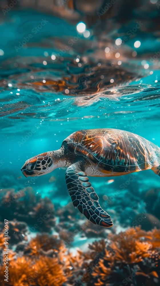 Fototapeta premium a turtle under the water with turquoise background