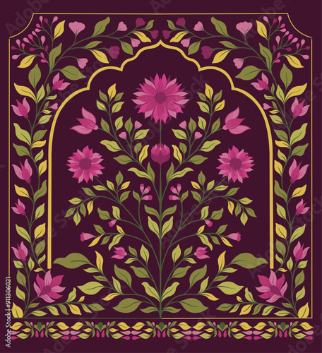 Mughal decorative ornamental floral. Vintage intricate traditional mughal style with flowers and foliage.