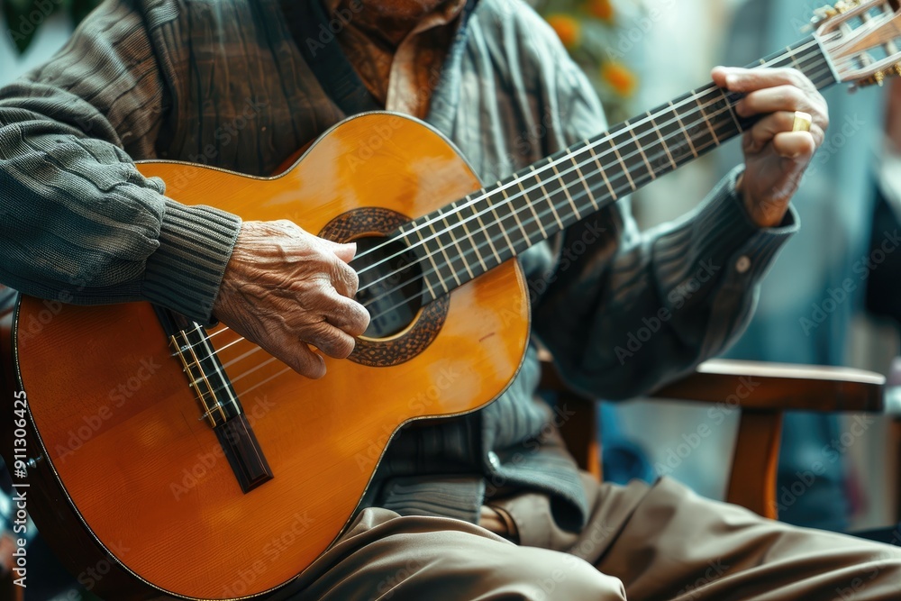 Obraz premium Musician playing acoustic guitar at home by the window