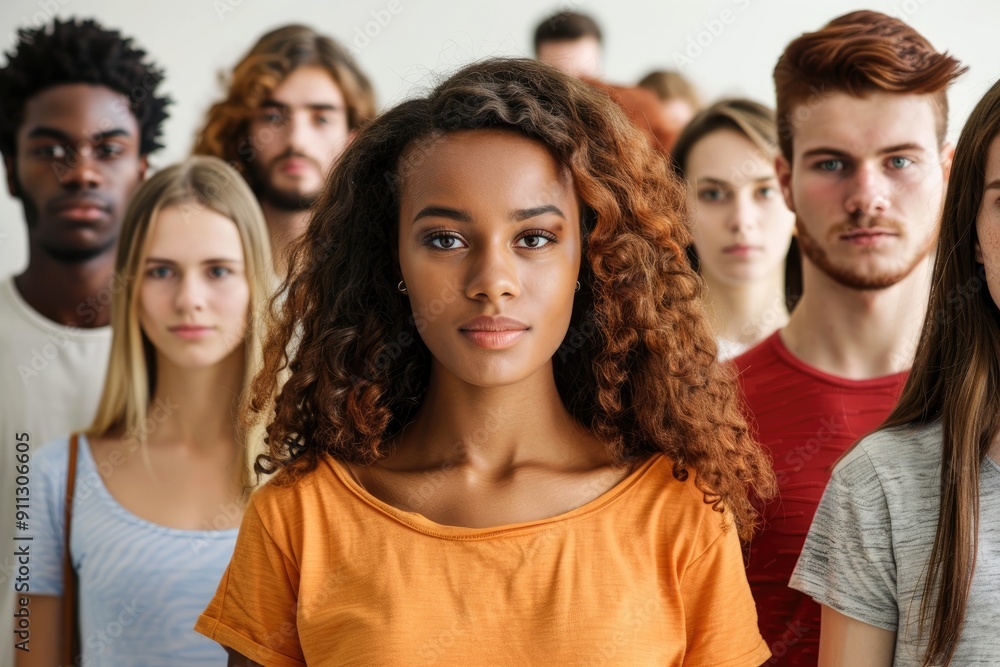 Diverse group of young people standing in a line united Diverse group of young people standing in a line united