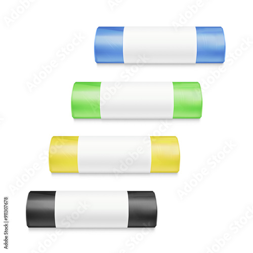 Garbage bag roll mockup set. High realistic. Vector illustration isolated on grey background. Ready for your design. EPS10.