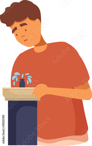 Young man is experiencing thirst and frustration as he tries to get a drink from a malfunctioning public water fountain
