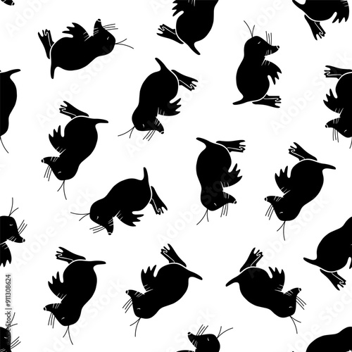 Vector isolated illustration of a pattern with silhouettes of talpa. Black and white pattern.