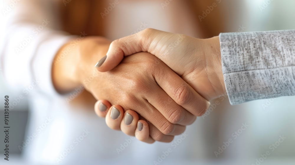 A young professional shaking hands with a recruiter across a desk in a modern office