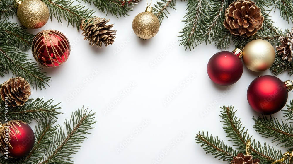 White background with a Christmas border of spruce branches, red and gold ornaments, and copy space White background with a Christmas border of spruce branches, red and gold ornaments, and copy space