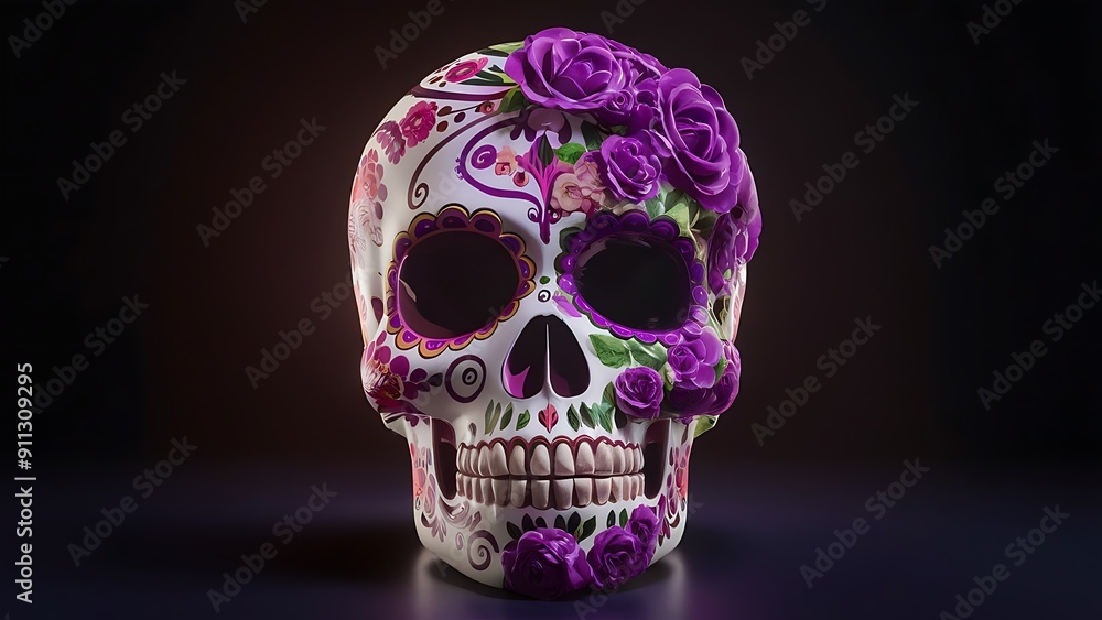 Decorative Sugar Skull with Purple Roses, Day of the Dead Sugar Skull with Floral Pattern Decorative Sugar Skull with Purple Roses, Day of the Dead Sugar Skull with Floral Pattern
