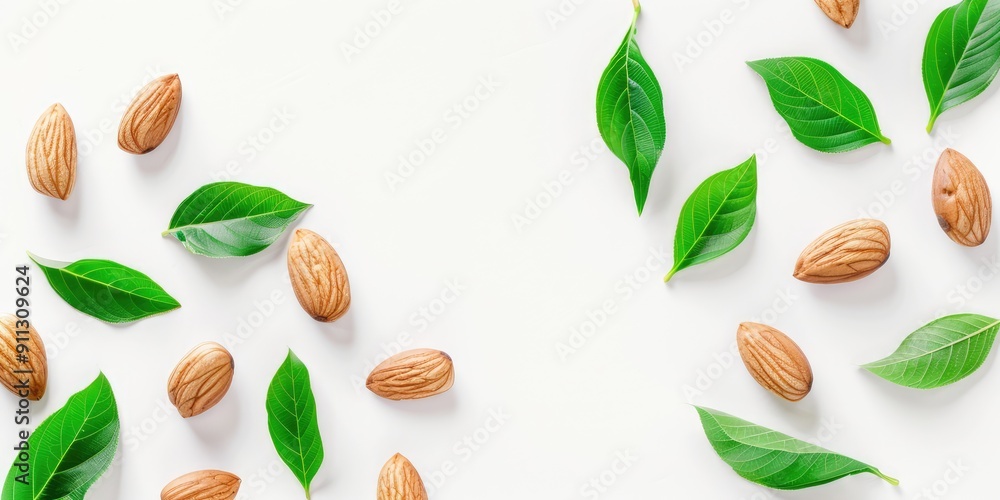 Almond green leaves on white background. Ai generation. Almond green leaves on white background. Ai generation.