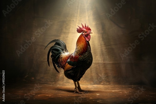 A chicken stands in the spotlight, its feathers shining.