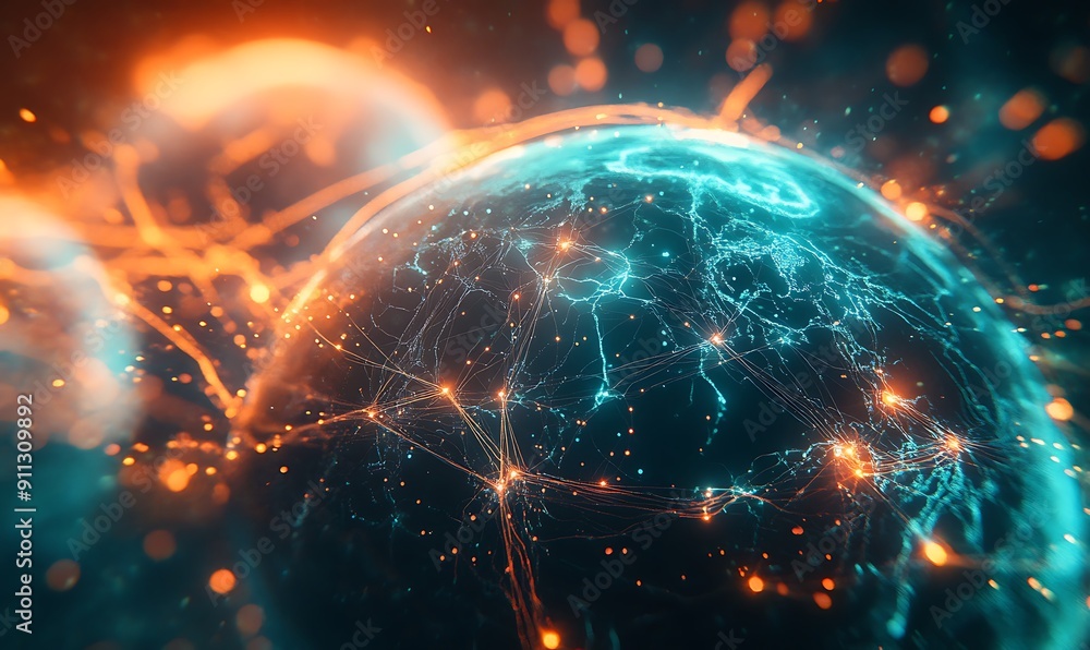 Obraz premium Digital Data Synergy with Glowing Pathways Forming a Web Over a Stylized Globe