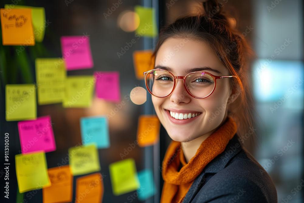 Woman in suit, glass and sticky note in office for strategy, productivity schedule and creative agency for growth. Brainstorming, goals and employee for mind map, workplace Woman in suit, glass and sticky note in office for strategy, productivity schedule and creative agency for growth. Brainstorming, goals and employee for mind map, workplace