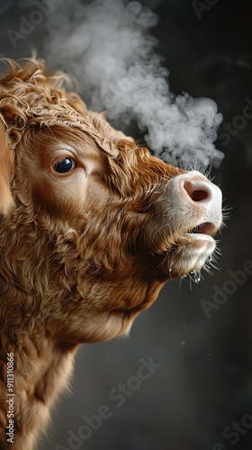 Cow belching with a small cloud of gas, isolated on white photo