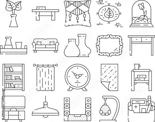 living room interior icons set vector. furniture modern, sofa home, apartment couch, deco, lamp, style indoor living room interior black contour illustrations