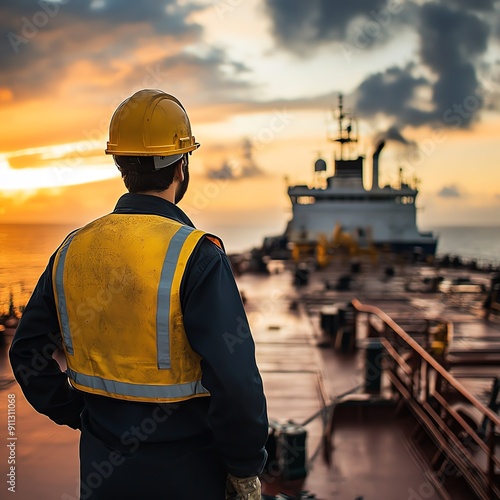 Ship crew member on deck, overseeing maritime operations