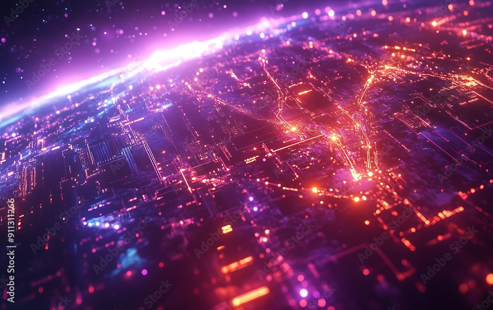 Obraz premium Futuristic Data Synergy with Nodes and Pathways Over a Global Map