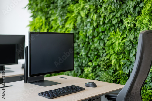 Cutting edge home office setup with gesture controlled holographic monitors, ergonomic self adjusting furniture, integrated wireless charging surfaces, and a living wall of air filtering plants photo