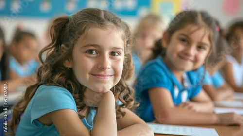 primary elementary school group of children studying in the classroom. learning and sitting at the desk. young cute kids smiling, high quality photo