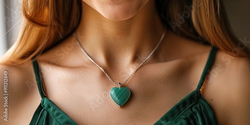 woman wearing heart-shaped jade necklace, copy space 