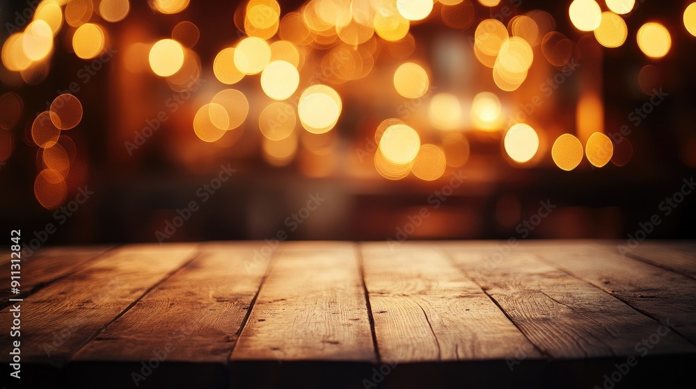 Wooden table with a soft focus on a warm, inviting restaurant atmosphere filled with golden lights Wooden table with a soft focus on a warm, inviting restaurant atmosphere filled with golden lights