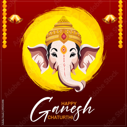  Lord Ganesha's head with a golden crown large ears and  curled trunk Set against a deep red background with a bright yellow circle 2 golden bells hang at the top and Happy Ganesh Chaturthi at bottom