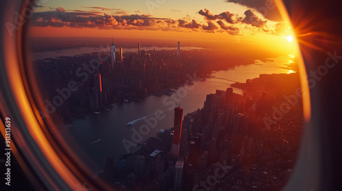 The golden rays of the setting sun illuminate the city panorama visible through the airplane window.