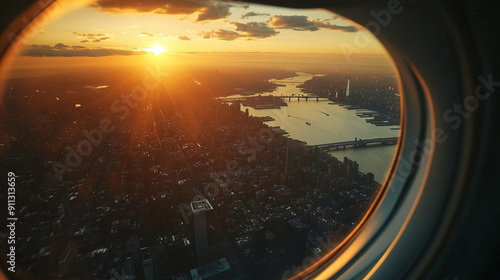 The golden rays of the setting sun illuminate the city panorama visible through the airplane window.