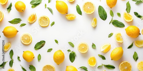 Mint leaves with fresh yellow lemon citrus fruits. Ai generation
