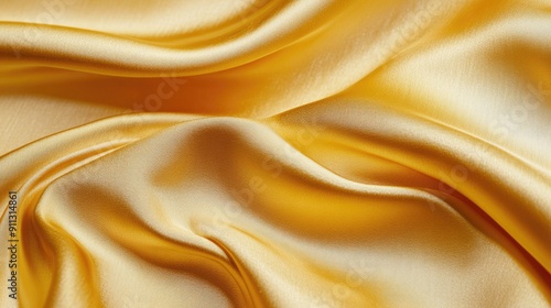 Yellow silk satin fabric with a luxurious sheen, gracefully draped, creating a golden backdrop