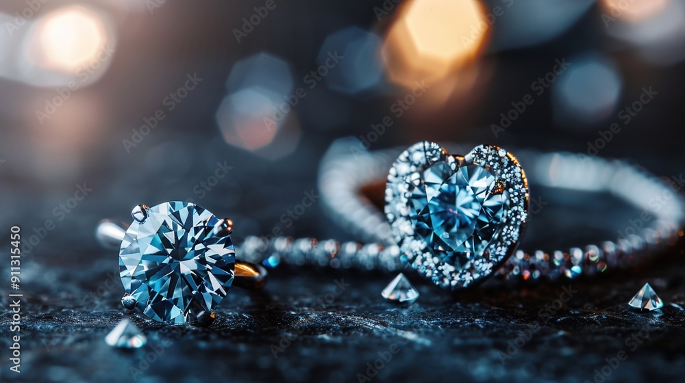 A pair of diamond rings resting on a black background with illumination surrounding them A pair of diamond rings resting on a black background with illumination surrounding them