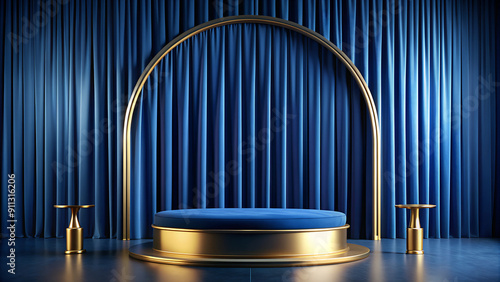 A deep blue rounded podium with gold accents and a rich, velvet curtain backdrop photo