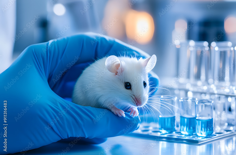 White Mouse Held in Blue-Gloved Hand of Scientist