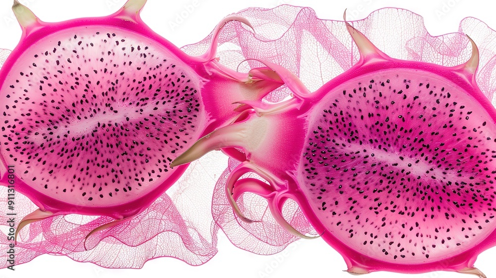 A close-up of two fruits, one with a pink net on its side and the other with a matching net A close-up of two fruits, one with a pink net on its side and the other with a matching net