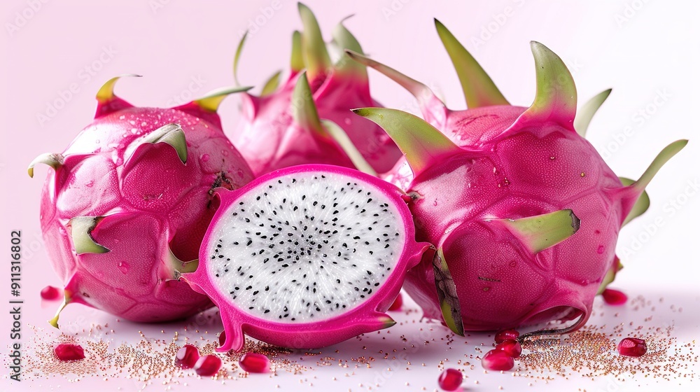 Dragonfruit, halved and placed on a pink surface with sprinkles on top Dragonfruit, halved and placed on a pink surface with sprinkles on top