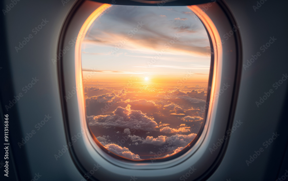 Scenic view of a vibrant sunset through an airplane window, with picturesque clouds and stunning colors creating a serene and dreamy atmosphere. Scenic view of a vibrant sunset through an airplane window, with picturesque clouds and stunning colors creating a serene and dreamy atmosphere.