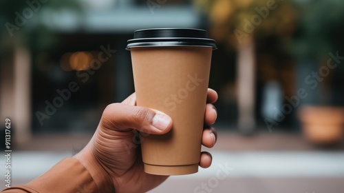 Hand holding a takeaway coffee cup with a black lid.